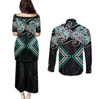 Turquoise Aotearoa Tukutuku Manawa Tapu Couples Matching Puletasi and Long Sleeve Button Shirt Ta Moko Toi Maori