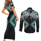 Turquoise Aotearoa Tukutuku Manawa Tapu Couples Matching Short Sleeve Bodycon Dress and Long Sleeve Button Shirt Ta Moko Toi Maori