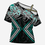 Turquoise Aotearoa Tukutuku Manawa Tapu Cross Shoulder Shirt Ta Moko Toi Maori - Aussie Hoodie