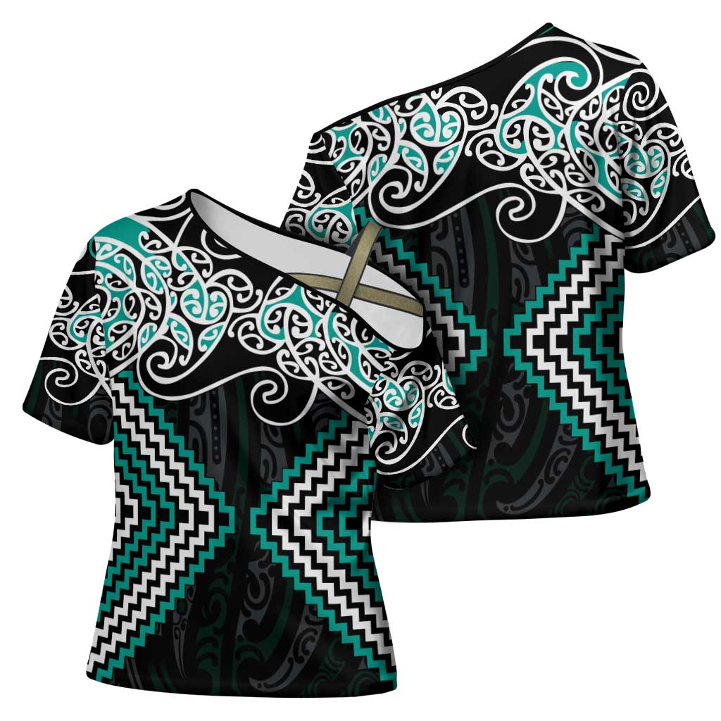 Turquoise Aotearoa Tukutuku Manawa Tapu Cross Shoulder Shirt Ta Moko Toi Maori - Aussie Hoodie