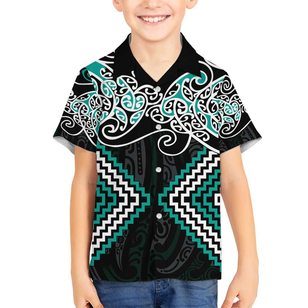Turquoise Aotearoa Tukutuku Manawa Tapu Family Matching Off Shoulder Maxi Dress and Hawaiian Shirt Ta Moko Toi Maori