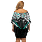 Turquoise Aotearoa Tukutuku Manawa Tapu Family Matching Off Shoulder Short Dress and Hawaiian Shirt Ta Moko Toi Maori
