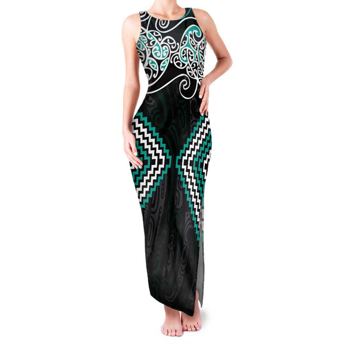 Turquoise Aotearoa Tukutuku Manawa Tapu Family Matching Tank Maxi Dress and Hawaiian Shirt Ta Moko Toi Maori