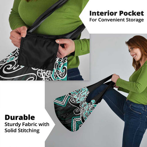 Turquoise Aotearoa Tukutuku Manawa Tapu Grocery Bag Ta Moko Toi Maori