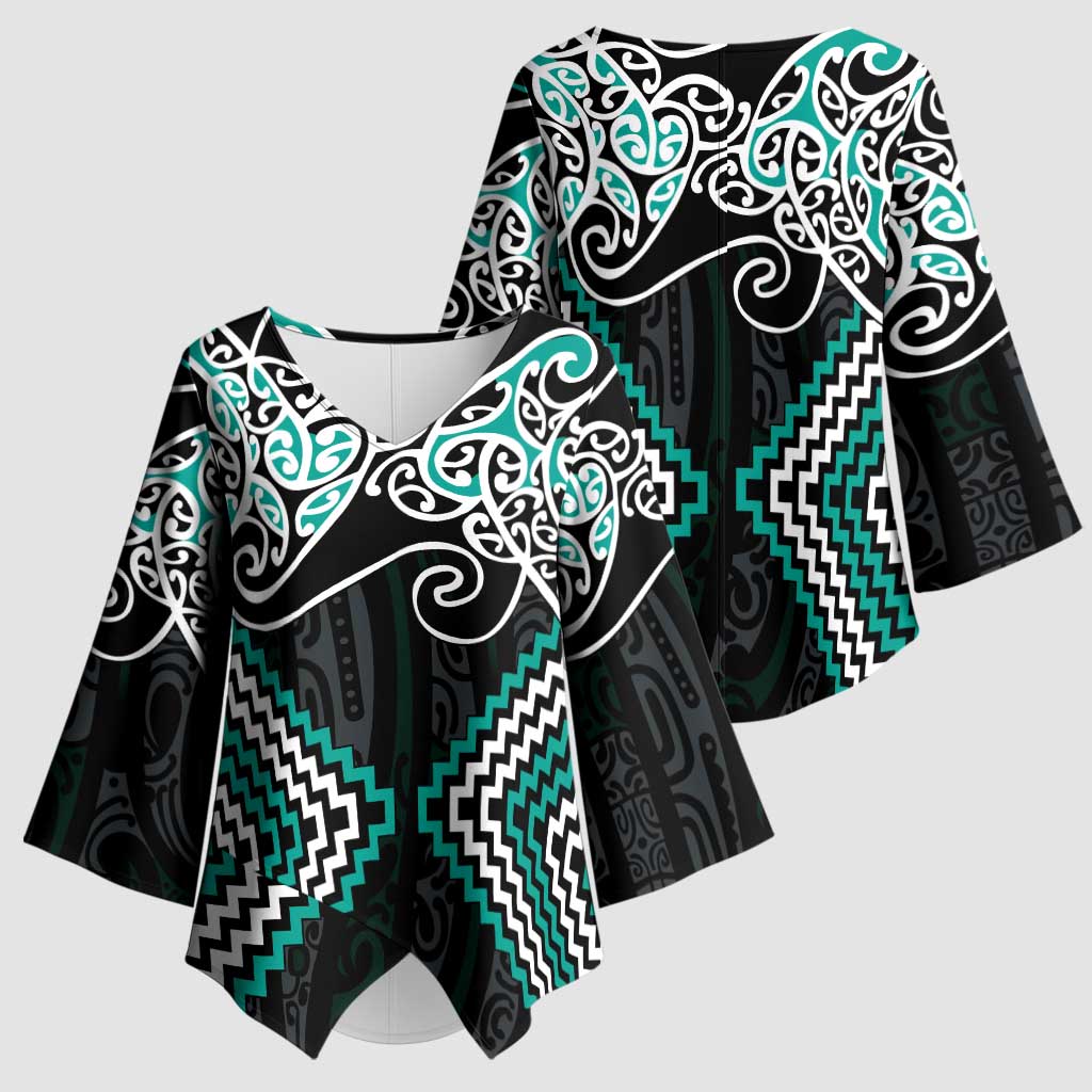 Turquoise Aotearoa Tukutuku Manawa Tapu Kimono Sleeve Blouse Ta Moko Toi Maori - Aussie Hoodie