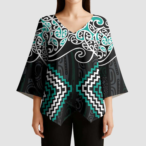Turquoise Aotearoa Tukutuku Manawa Tapu Kimono Sleeve Blouse Ta Moko Toi Maori - Aussie Hoodie