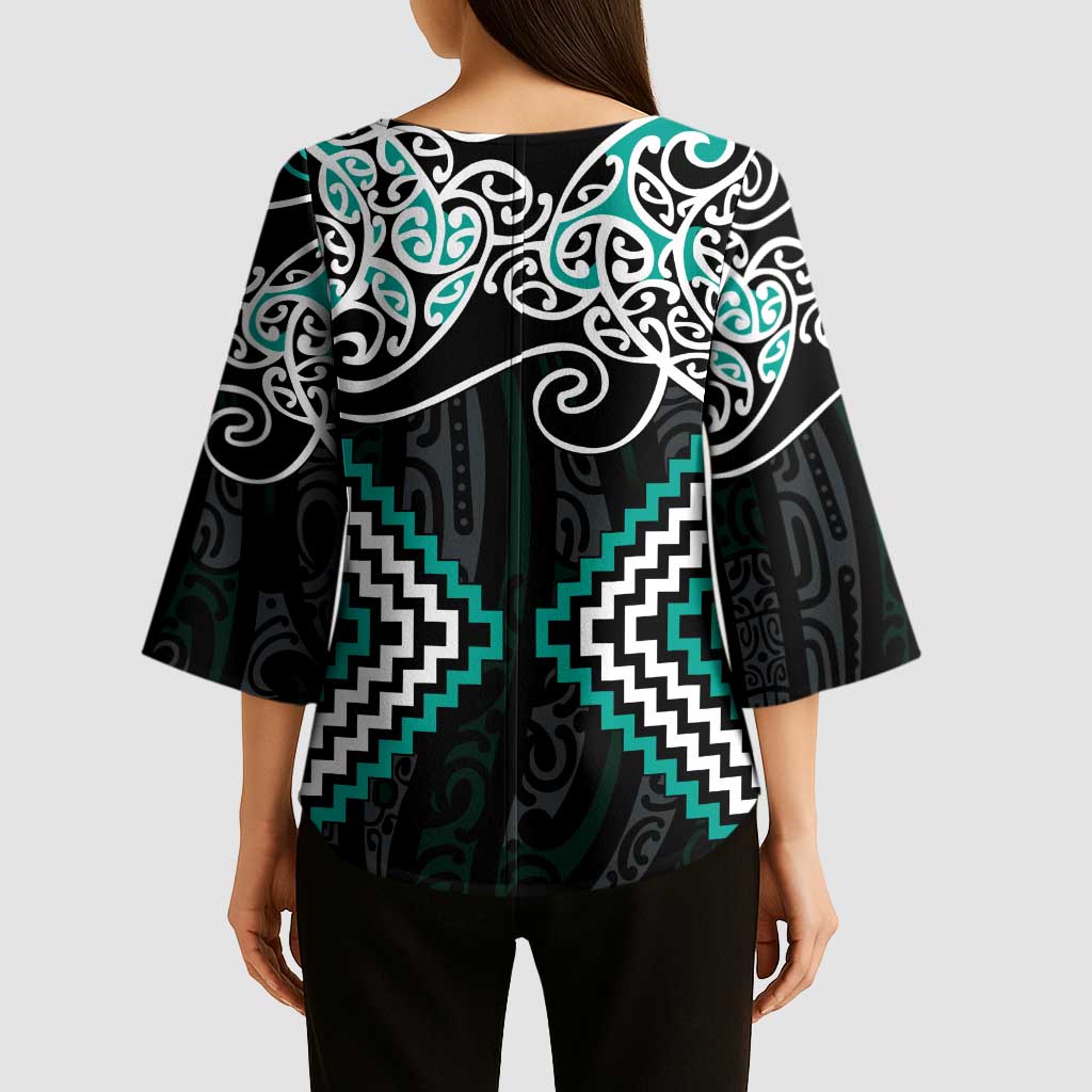 Turquoise Aotearoa Tukutuku Manawa Tapu Kimono Sleeve Blouse Ta Moko Toi Maori - Aussie Hoodie