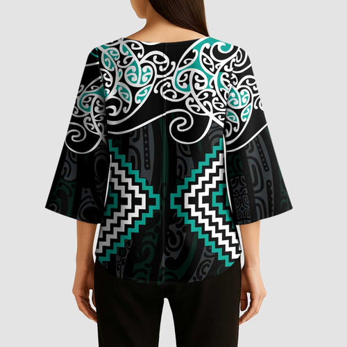Turquoise Aotearoa Tukutuku Manawa Tapu Kimono Sleeve Blouse Ta Moko Toi Maori - Aussie Hoodie