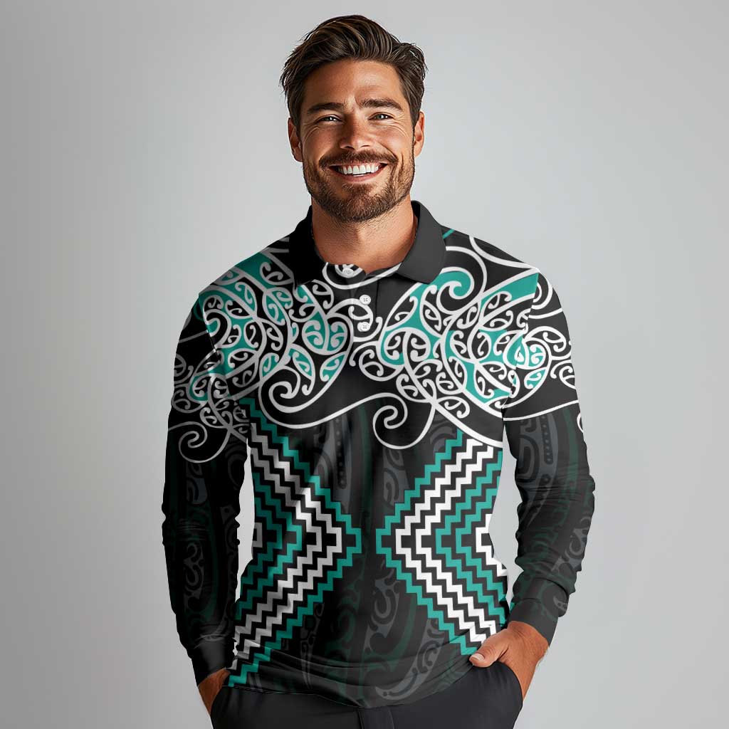 Turquoise Aotearoa Tukutuku Manawa Tapu Long Sleeve Polo Shirt Ta Moko Toi Maori
