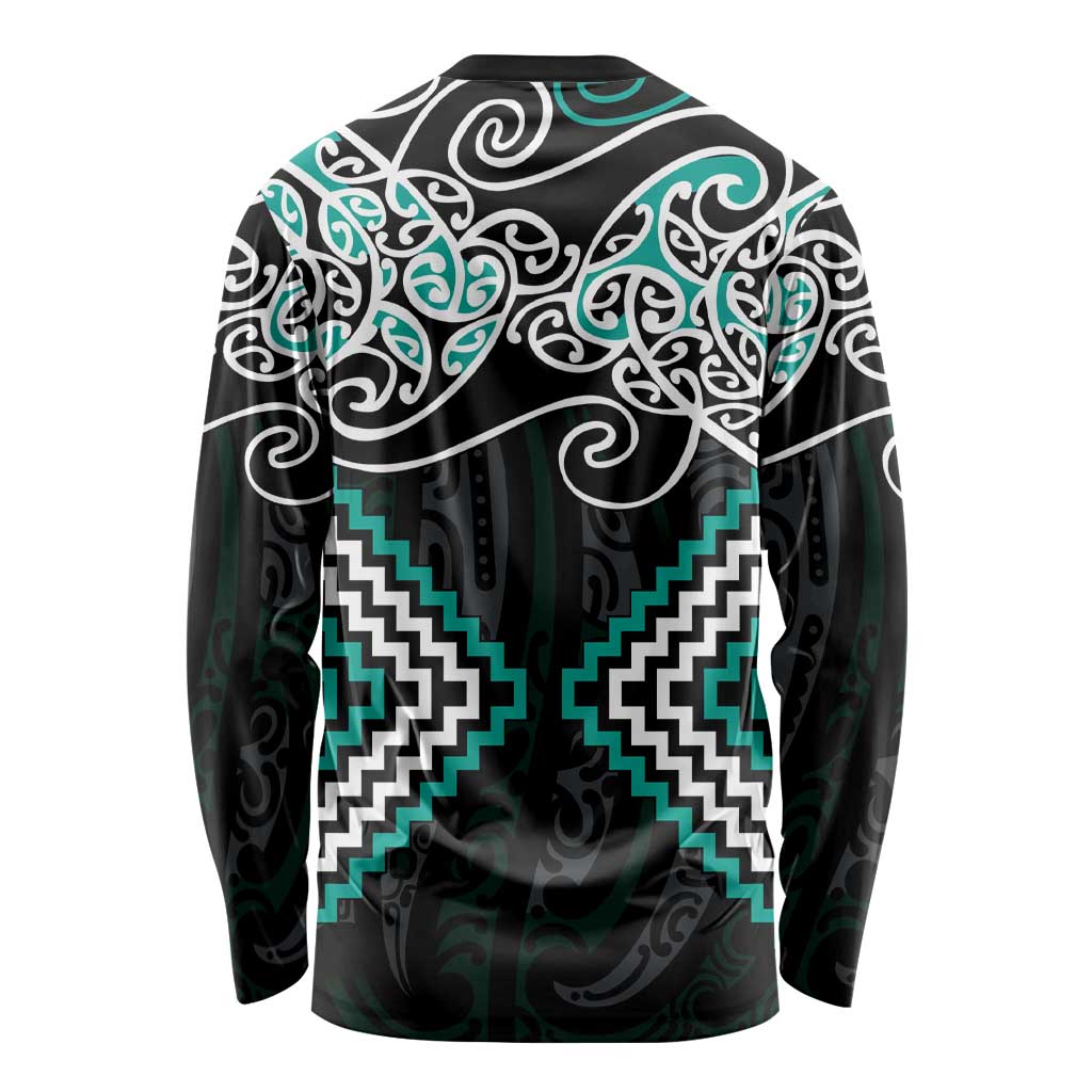 Turquoise Aotearoa Tukutuku Manawa Tapu Long Sleeve Shirt Ta Moko Toi Maori