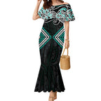 Turquoise Aotearoa Tukutuku Manawa Tapu Mermaid Dress Ta Moko Toi Maori