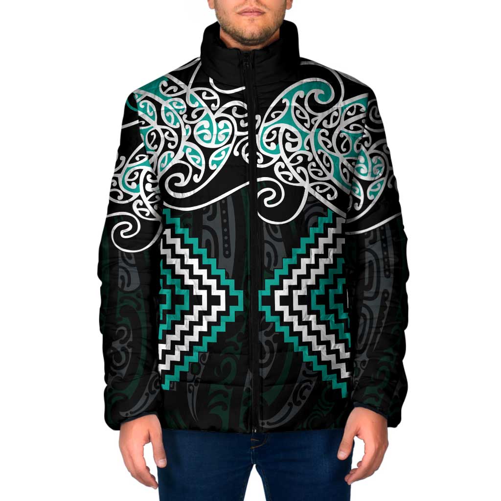 Turquoise Aotearoa Tukutuku Manawa Tapu Padded Jacket Ta Moko Toi Maori - Aussie Hoodie