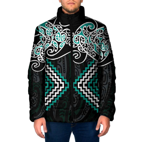Turquoise Aotearoa Tukutuku Manawa Tapu Padded Jacket Ta Moko Toi Maori - Aussie Hoodie