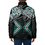 Turquoise Aotearoa Tukutuku Manawa Tapu Padded Jacket Ta Moko Toi Maori - Aussie Hoodie
