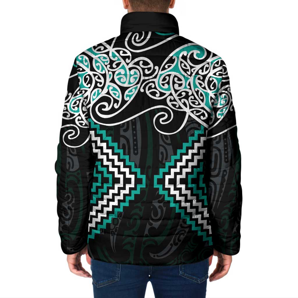 Turquoise Aotearoa Tukutuku Manawa Tapu Padded Jacket Ta Moko Toi Maori - Aussie Hoodie