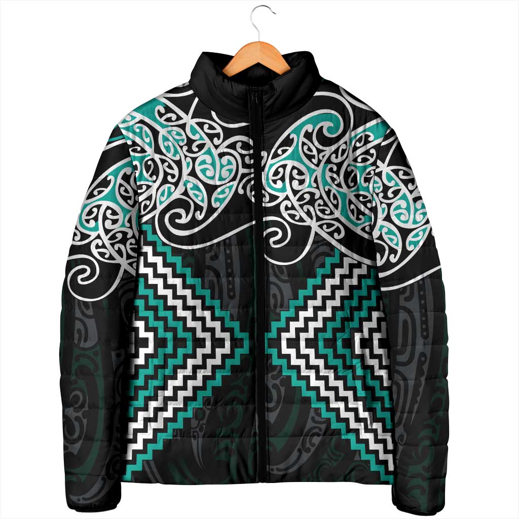 Turquoise Aotearoa Tukutuku Manawa Tapu Padded Jacket Ta Moko Toi Maori - Aussie Hoodie