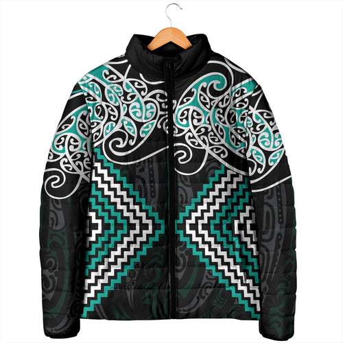 Turquoise Aotearoa Tukutuku Manawa Tapu Padded Jacket Ta Moko Toi Maori - Aussie Hoodie