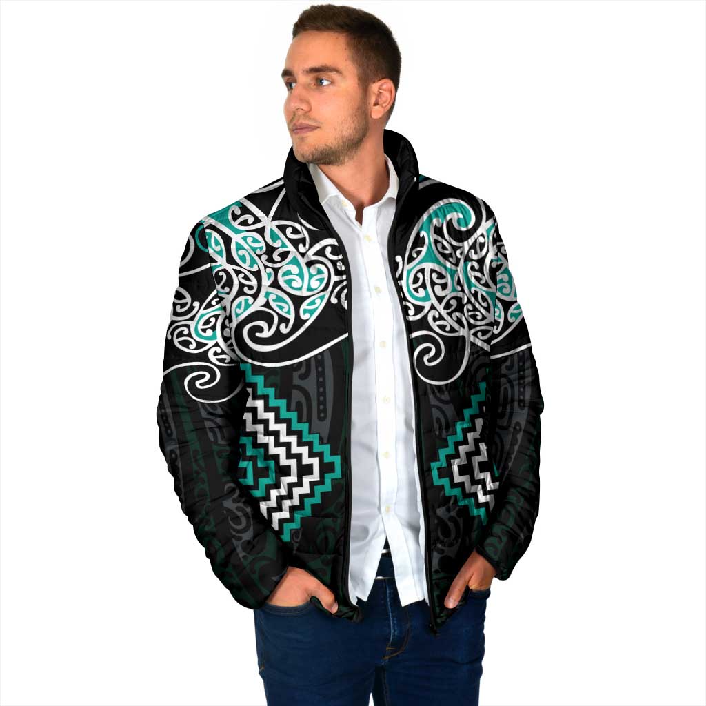 Turquoise Aotearoa Tukutuku Manawa Tapu Padded Jacket Ta Moko Toi Maori - Aussie Hoodie