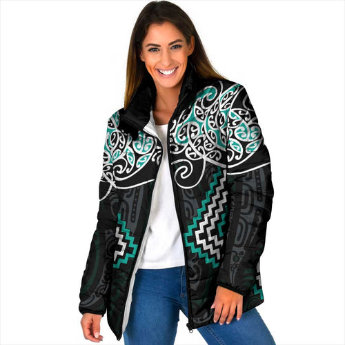 Turquoise Aotearoa Tukutuku Manawa Tapu Padded Jacket Ta Moko Toi Maori - Aussie Hoodie