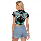 Turquoise Aotearoa Tukutuku Manawa Tapu Raglan Cropped T Shirt Ta Moko Toi Maori