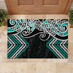 Turquoise Aotearoa Tukutuku Manawa Tapu Rubber Doormat Ta Moko Toi Maori