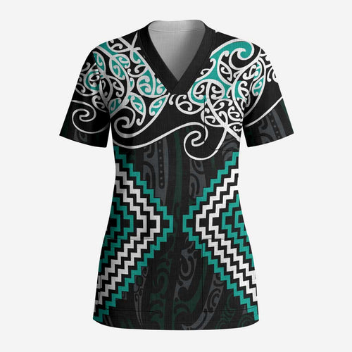 Turquoise Aotearoa Tukutuku Manawa Tapu Scrub Top Ta Moko Toi Maori - Aussie Hoodie