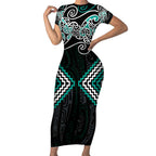 Turquoise Aotearoa Tukutuku Manawa Tapu Short Sleeve Bodycon Dress Ta Moko Toi Maori