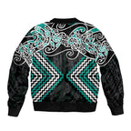 Turquoise Aotearoa Tukutuku Manawa Tapu Sleeve Zip Bomber Jacket Ta Moko Toi Maori