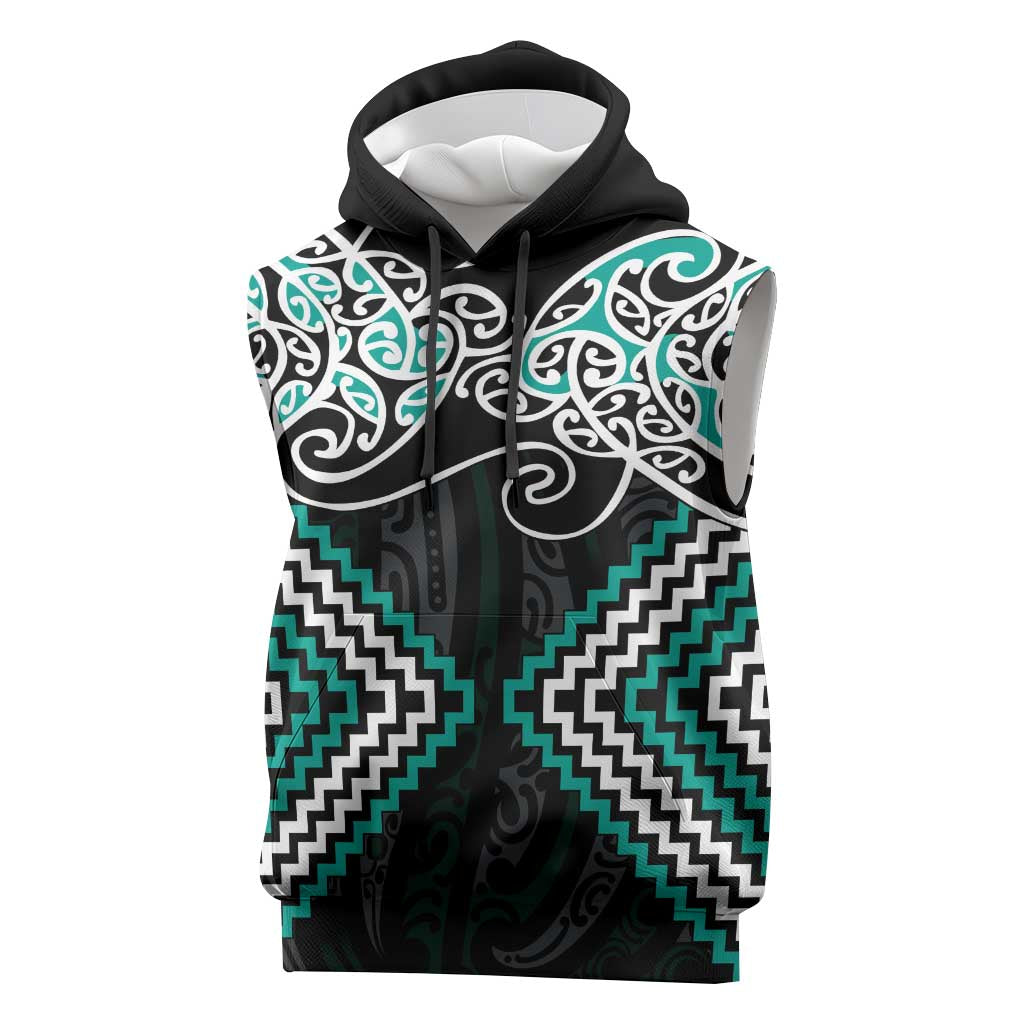 Turquoise Aotearoa Tukutuku Manawa Tapu Sleeveless Hoodie Ta Moko Toi Maori - Aussie Hoodie