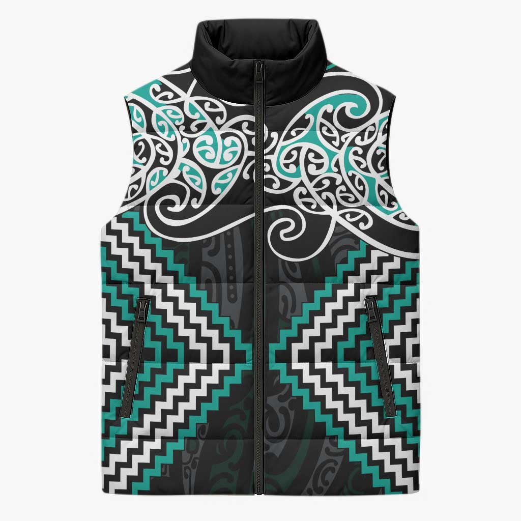Turquoise Aotearoa Tukutuku Manawa Tapu Sleeveless Puffer Jacket Ta Moko Toi Maori - Aussie Hoodie