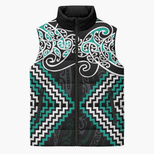 Turquoise Aotearoa Tukutuku Manawa Tapu Sleeveless Puffer Jacket Ta Moko Toi Maori - Aussie Hoodie