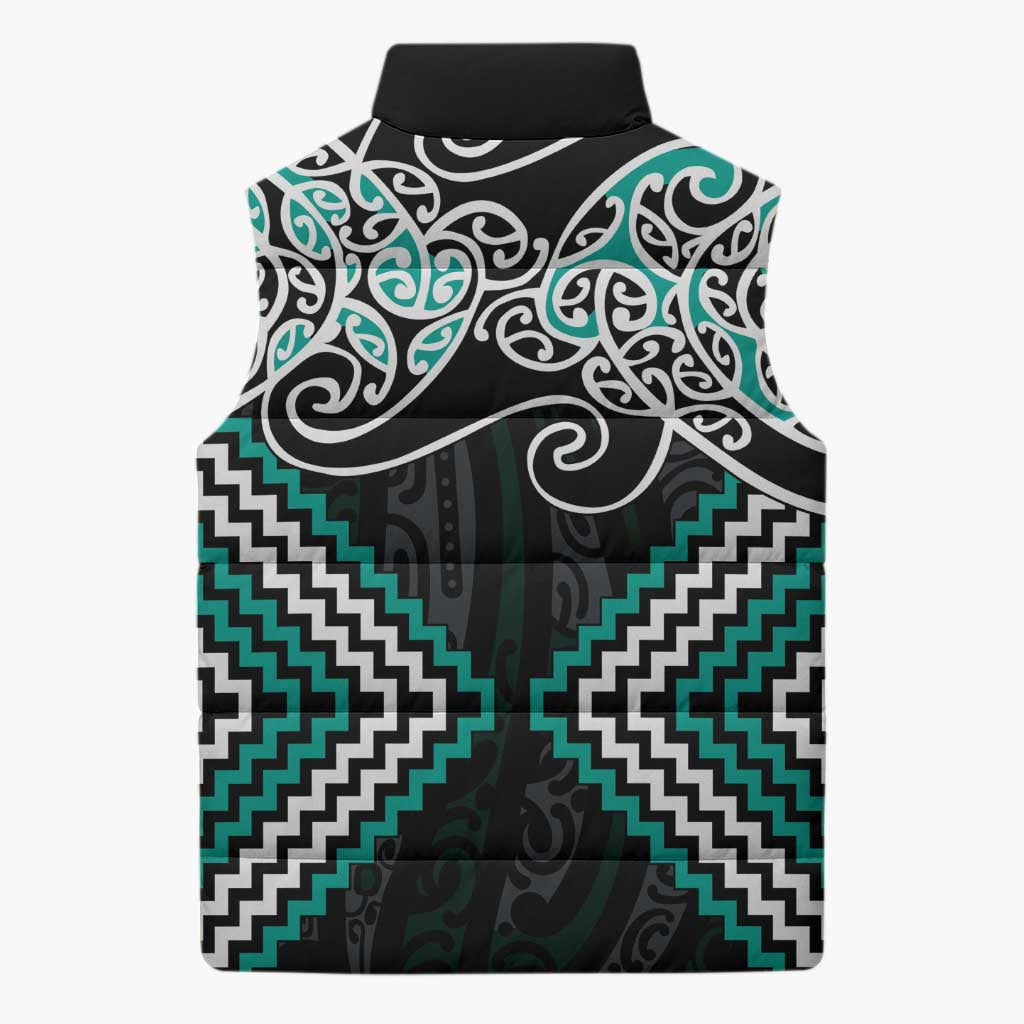 Turquoise Aotearoa Tukutuku Manawa Tapu Sleeveless Puffer Jacket Ta Moko Toi Maori - Aussie Hoodie