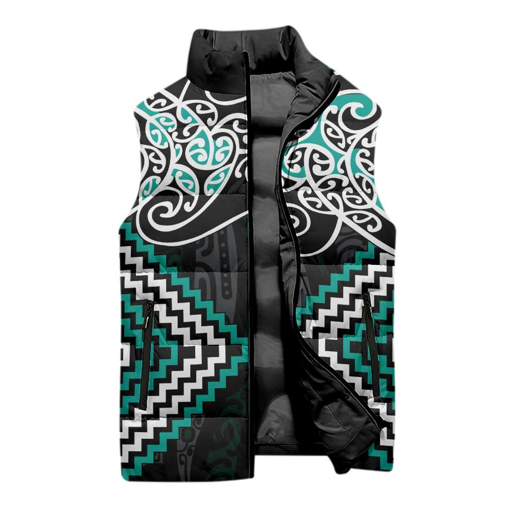 Turquoise Aotearoa Tukutuku Manawa Tapu Sleeveless Puffer Jacket Ta Moko Toi Maori - Aussie Hoodie