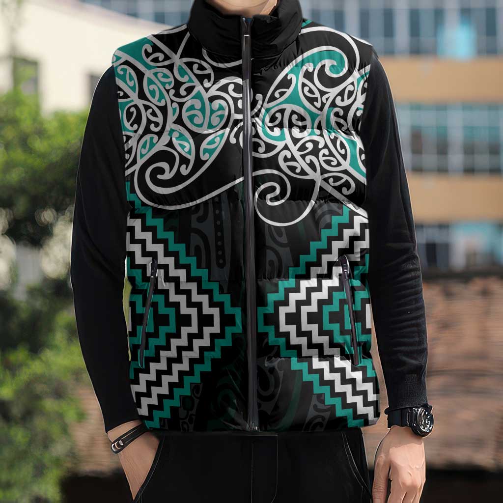 Turquoise Aotearoa Tukutuku Manawa Tapu Sleeveless Puffer Jacket Ta Moko Toi Maori - Aussie Hoodie