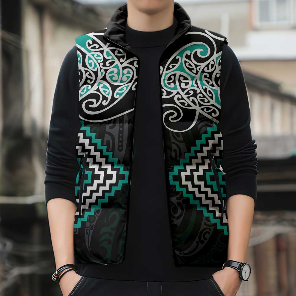 Turquoise Aotearoa Tukutuku Manawa Tapu Sleeveless Puffer Jacket Ta Moko Toi Maori - Aussie Hoodie