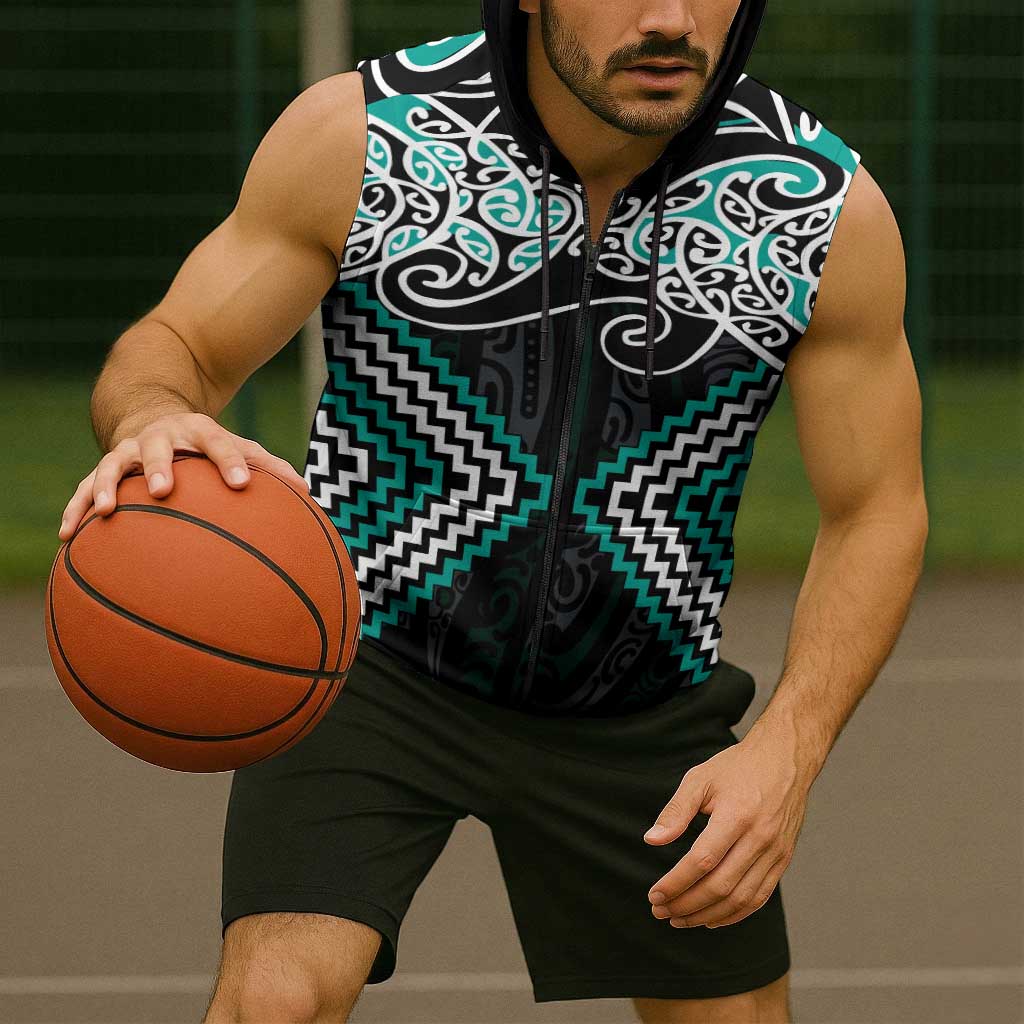 Turquoise Aotearoa Tukutuku Manawa Tapu Sleeveless Zip Hoodie Ta Moko Toi Maori LT9