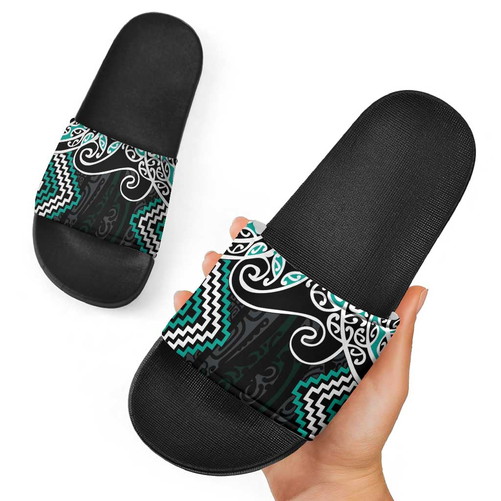 Turquoise Aotearoa Tukutuku Manawa Tapu Slide Sandals Ta Moko Toi Maori - Aussie Hoodie