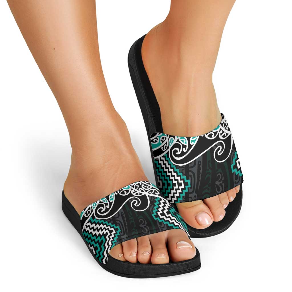 Turquoise Aotearoa Tukutuku Manawa Tapu Slide Sandals Ta Moko Toi Maori - Aussie Hoodie