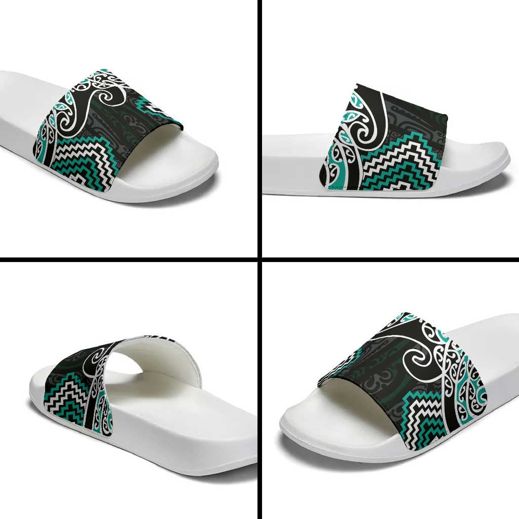 Turquoise Aotearoa Tukutuku Manawa Tapu Slide Sandals Ta Moko Toi Maori - Aussie Hoodie