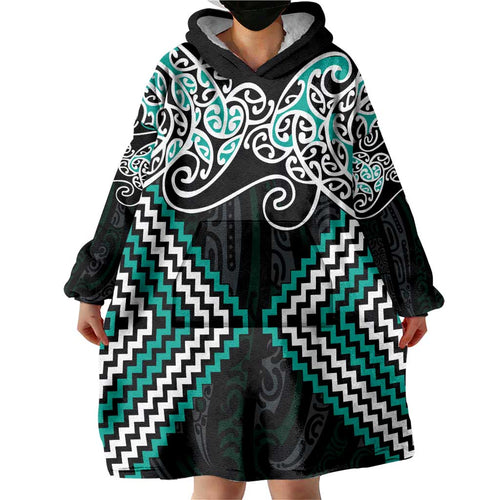 Turquoise Aotearoa Tukutuku Manawa Tapu Wearable Blanket Hoodie Ta Moko Toi Maori