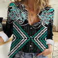 Turquoise Aotearoa Tukutuku Manawa Tapu Women Casual Shirt Ta Moko Toi Maori