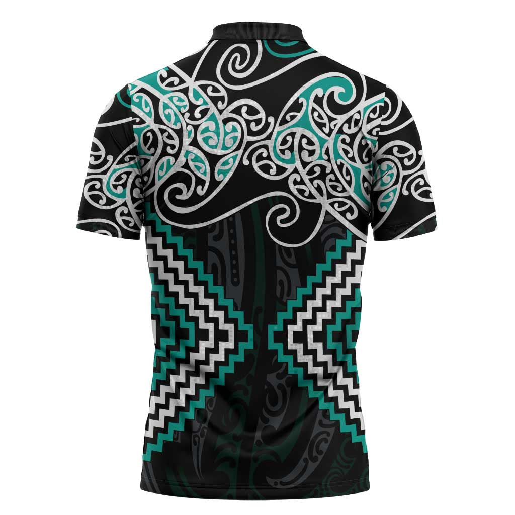 Turquoise Aotearoa Tukutuku Manawa Tapu Zipper Polo Shirt Ta Moko Toi Maori - Aussie Hoodie