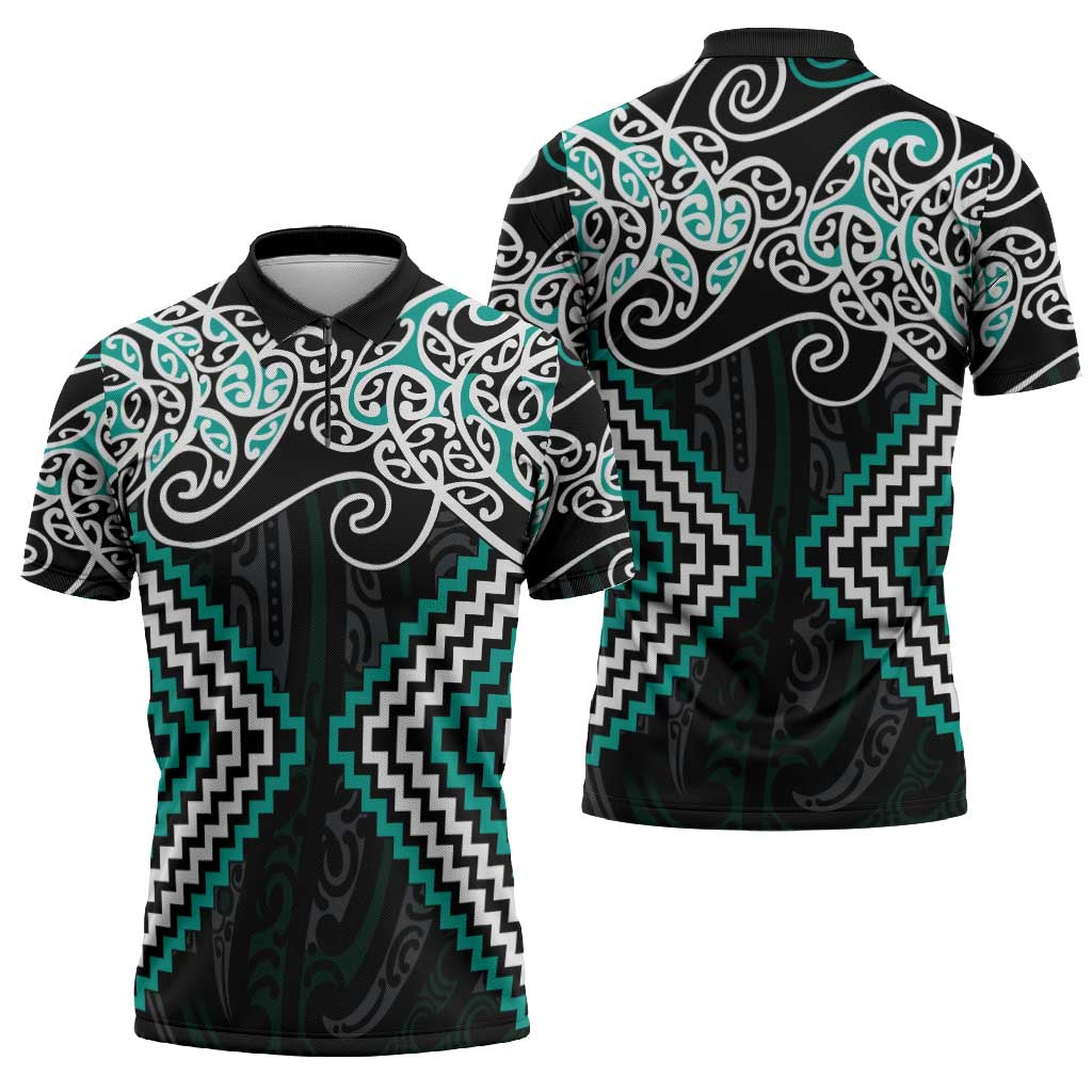 Turquoise Aotearoa Tukutuku Manawa Tapu Zipper Polo Shirt Ta Moko Toi Maori - Aussie Hoodie