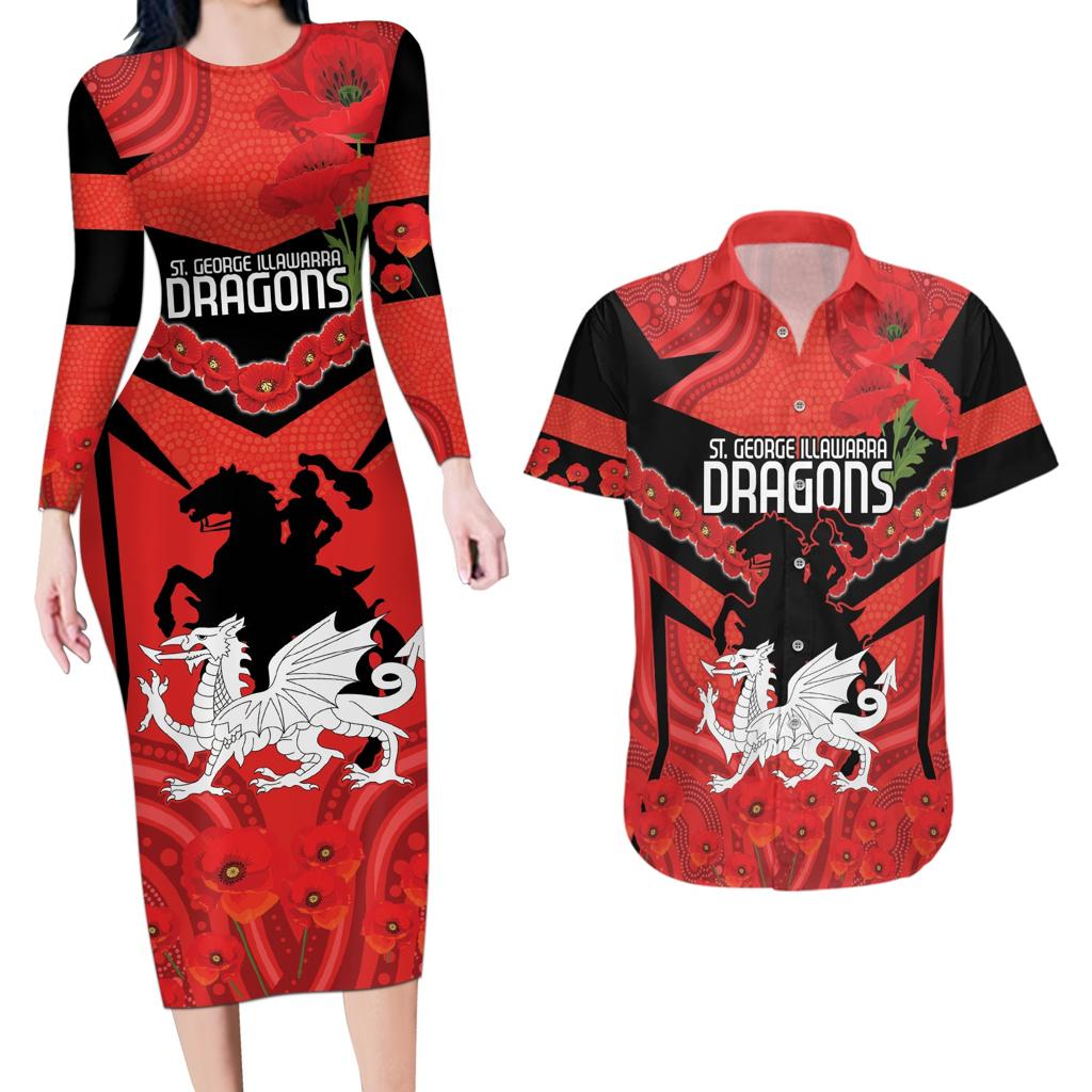 Custom Dragons Rugby ANZAC Couples Matching Long Sleeve Bodycon Dress and Hawaiian Shirt Gallipoli Soldier With Aboriginal Art