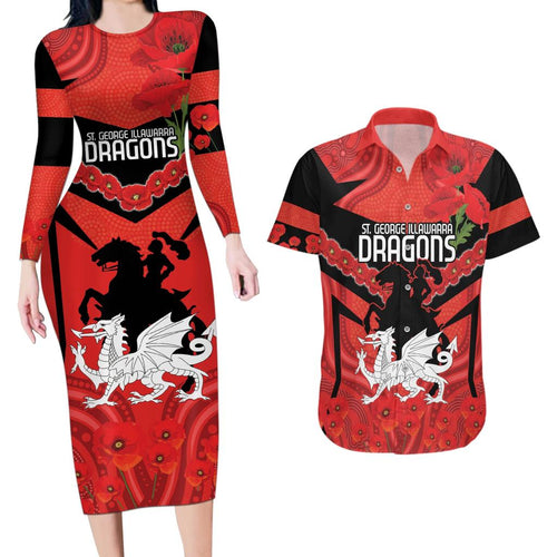 Custom Dragons Rugby ANZAC Couples Matching Long Sleeve Bodycon Dress and Hawaiian Shirt Gallipoli Soldier With Aboriginal Art
