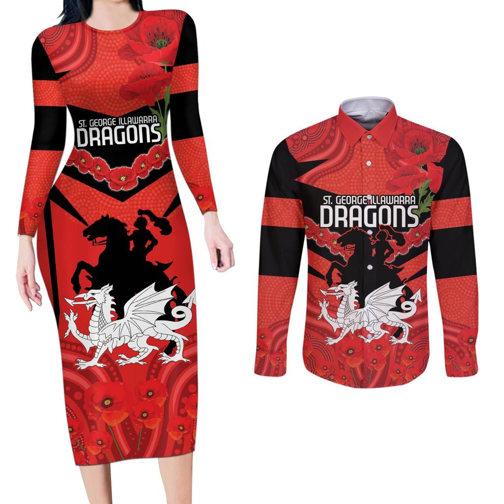 Custom Dragons Rugby ANZAC Couples Matching Long Sleeve Bodycon Dress and Long Sleeve Button Shirt Gallipoli Soldier With Aboriginal Art