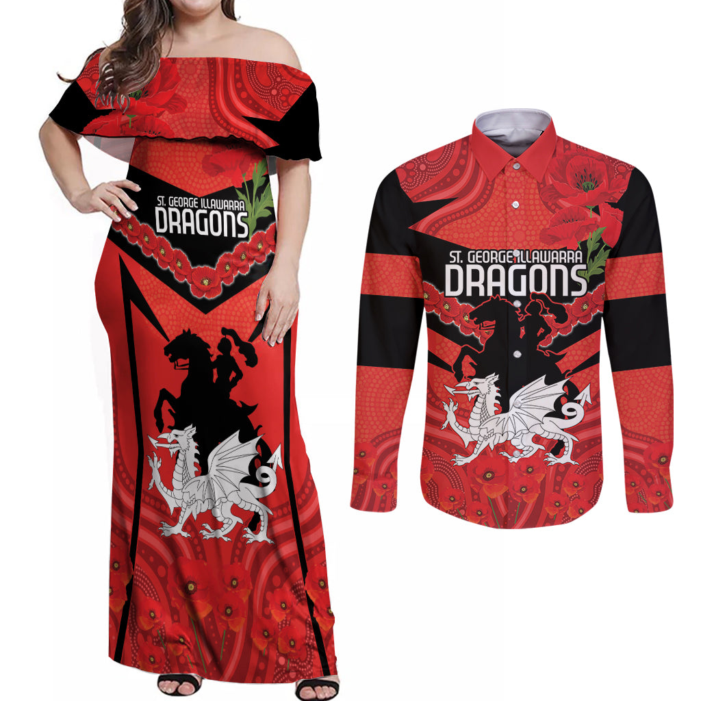 Custom Dragons Rugby ANZAC Couples Matching Off Shoulder Maxi Dress and Long Sleeve Button Shirt Gallipoli Soldier With Aboriginal Art