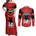 Custom Dragons Rugby ANZAC Couples Matching Off Shoulder Maxi Dress and Long Sleeve Button Shirt Gallipoli Soldier With Aboriginal Art