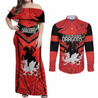 Custom Dragons Rugby ANZAC Couples Matching Off Shoulder Maxi Dress and Long Sleeve Button Shirt Gallipoli Soldier With Aboriginal Art