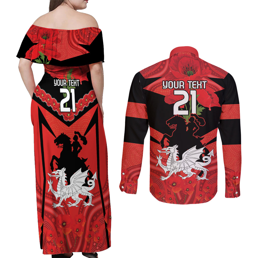 Custom Dragons Rugby ANZAC Couples Matching Off Shoulder Maxi Dress and Long Sleeve Button Shirt Gallipoli Soldier With Aboriginal Art